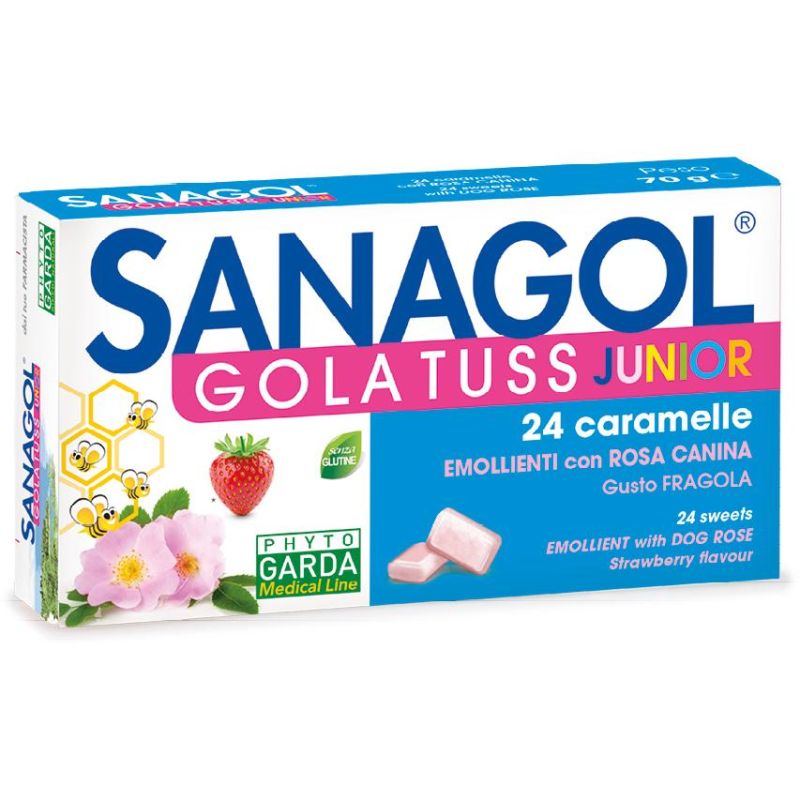 Sanagol Junior Caramelle per la Gola al Gusto di Fragola - Confezione da 24