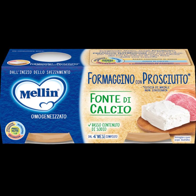 Omogeneizzato Mellin Baby al Formaggio e Prosciutto per Bambini dai 4 Mesi - Confezione da 2 x 80g