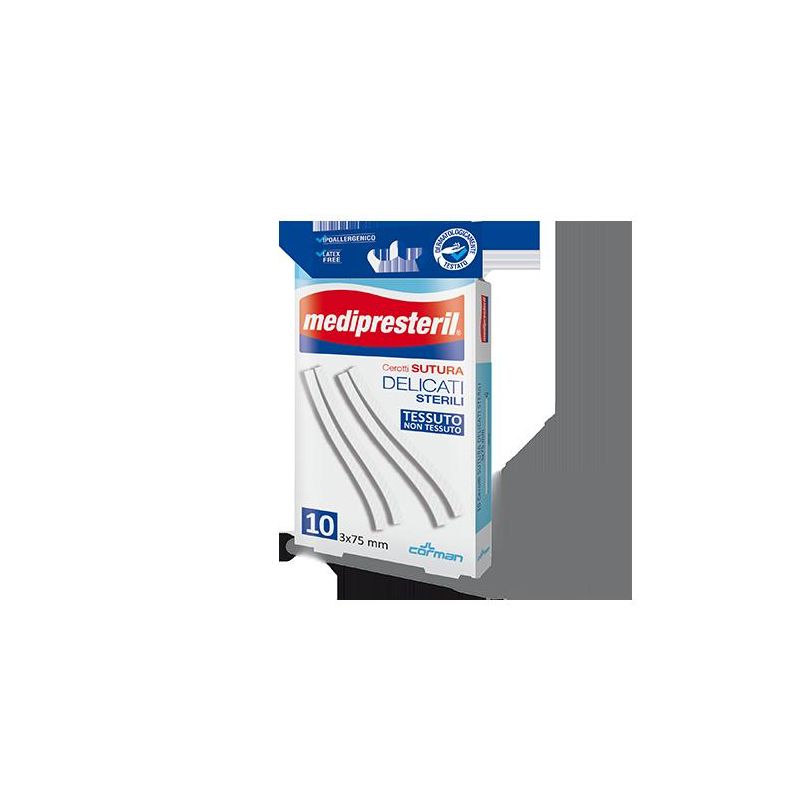 Medipresteril Cerotti Delicati per Sutura, 3x75mm, Pacco da 10 Pezzi