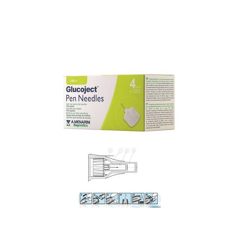 Glucoject Ago da 4mm per Penna d'Insulina, Calibro 32 - Confezione da 100 Pezzi