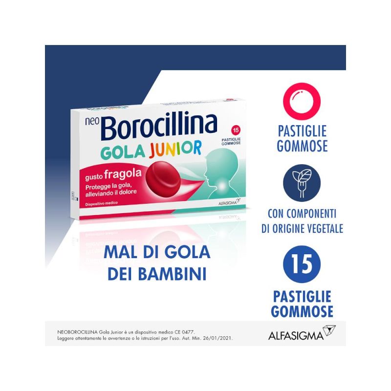 Neoborocillina Junior Pastiglie per la Gola, Sapore Fragola - Confezione da 15