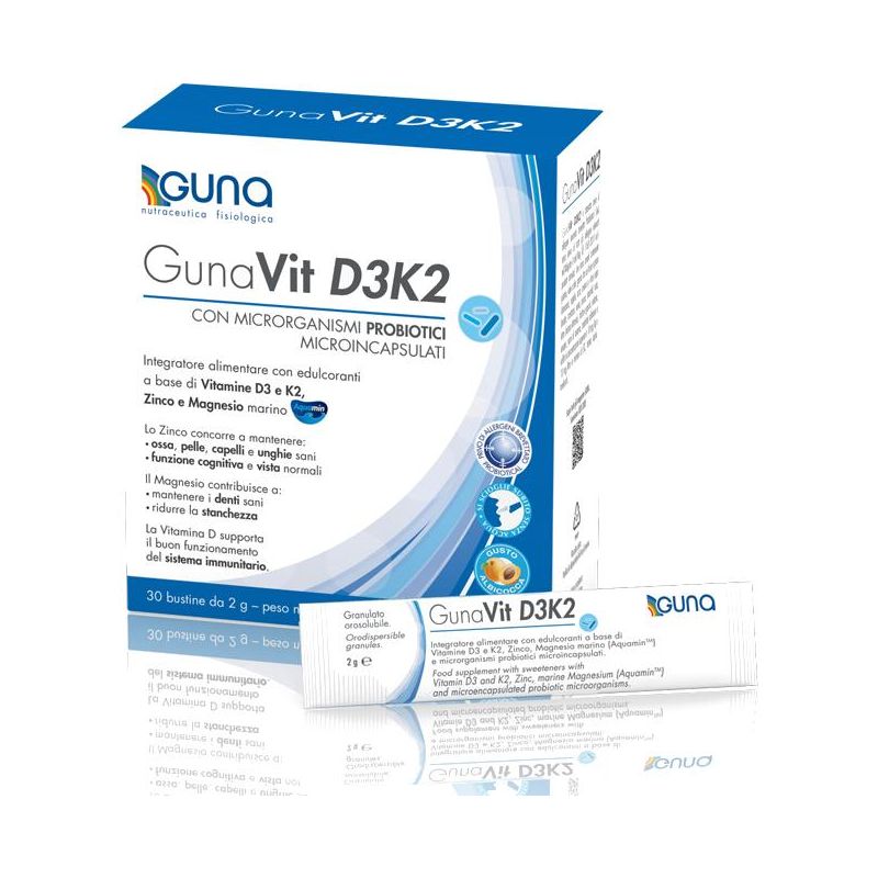 Gunavit D3K2 - Integratore di Vitamina D3 e K2 - 30 Bustine da 2g