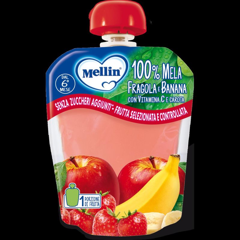 Mellin Purea di Frutta e Verdura per Bambini, Gusto Mela Fragola Banana Carota, 90g
