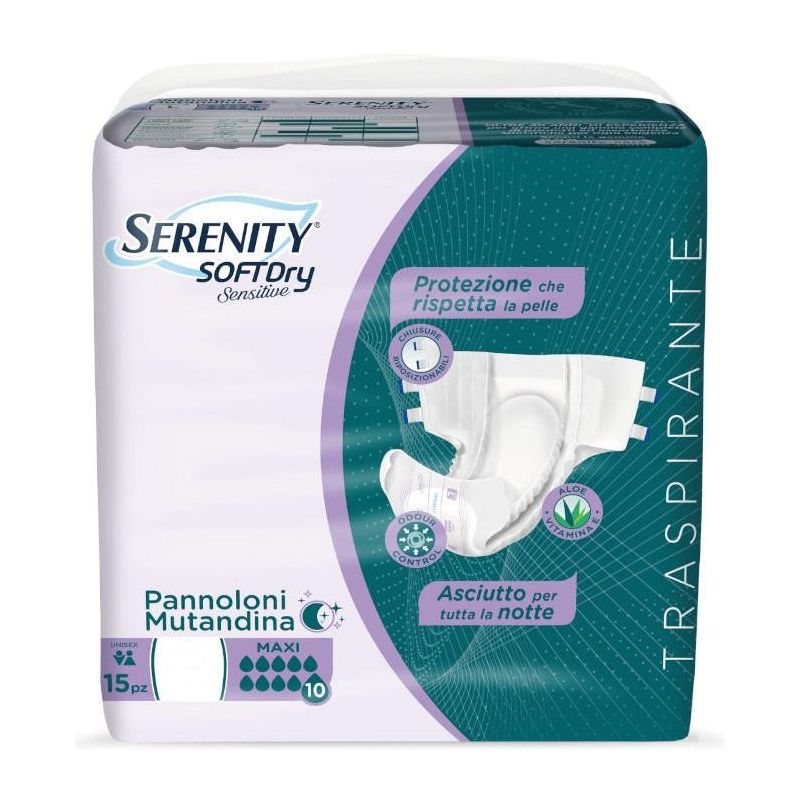Serenity Soft Dry Pannolone Mutandina Maxi per Pelle Sensibile - Taglia M, 15 Pezzi