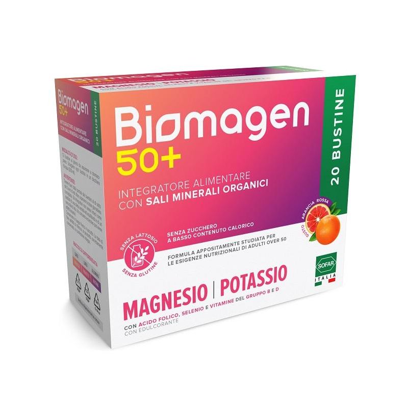 Biomagen 50+ Bustine di Magnesio e Potassio Senza Zucchero - Confezione da 20