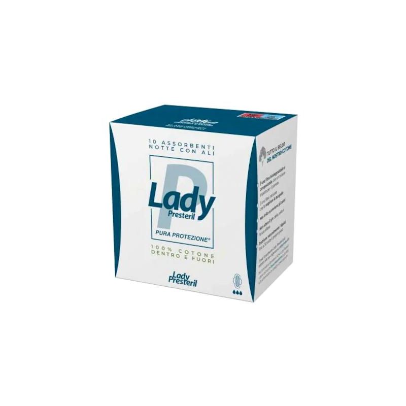 Presteril Lady - Pacco da 10 Assorbenti Notturni in Cotone con Ali Pieghevoli