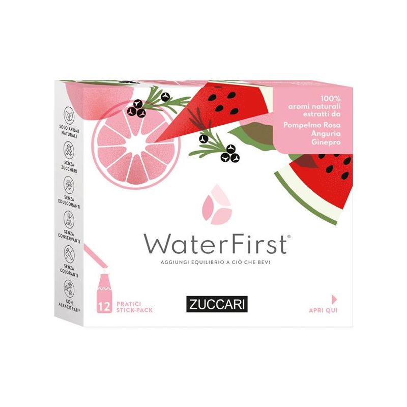 Zuccari WaterFirst - Stick Multisapori Pompelmo Rosa, Anguria e Ginepro - Pack da 12