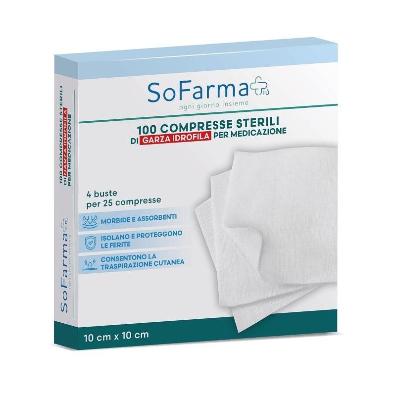 Sofarmapi Compresse Sterili di Garza Idrofila 10x10cm - Pacco da 100 Pezzi