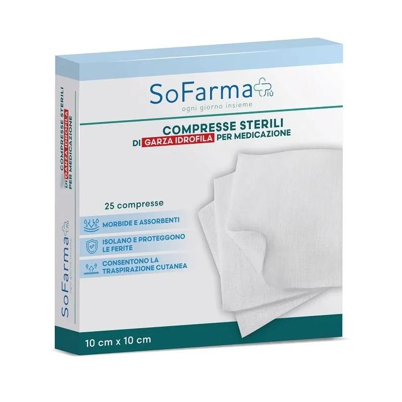 Sofarmapi Garza Idrofila Sterile in Compresse 10x10cm, Confezione da 25