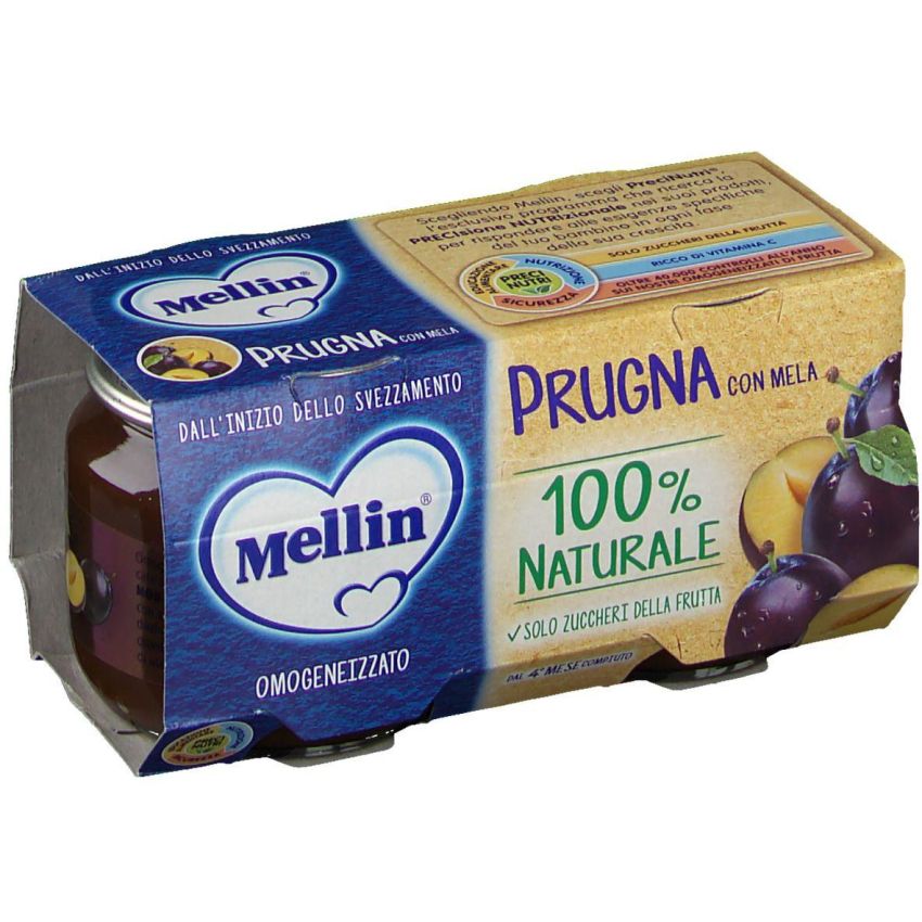 Mellin Omogeneizzato Frutta - Prugna e Mela, Doppio Pacco da 100g