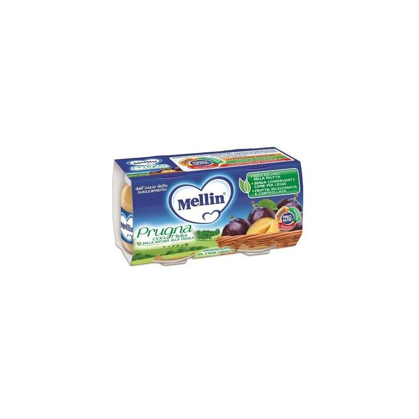 Mellin Omogeneizzato Frutta - Prugna e Mela, Doppio Pacco da 100g