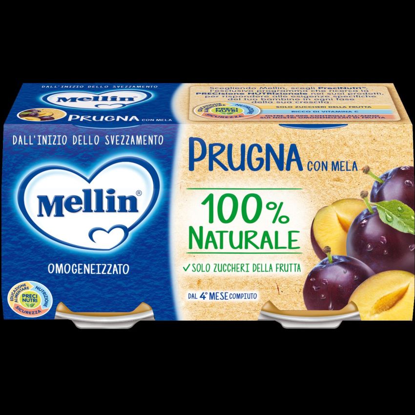 Mellin Omogeneizzato Frutta - Prugna e Mela, Doppio Pacco da 100g