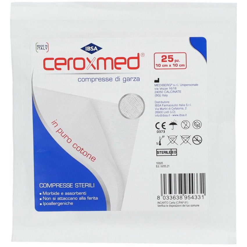 Ceroxmed Garza Idrofila Medicale 10x10cm - Pacco da 25 Pezzi