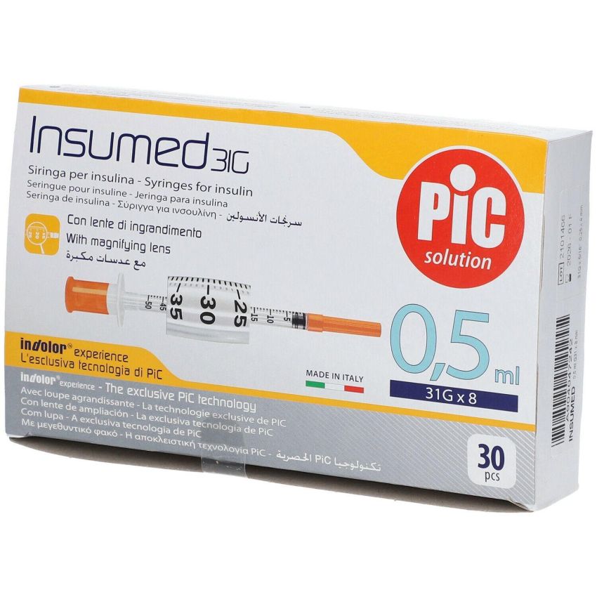 Siringa per Insulina PIC da 0.5ml con Ago di Calibro 31 - Confezione da 30 Pezzi