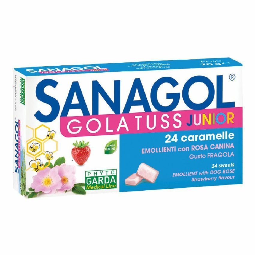 Sanagol Junior Caramelle per la Gola al Gusto di Fragola - Confezione da 24