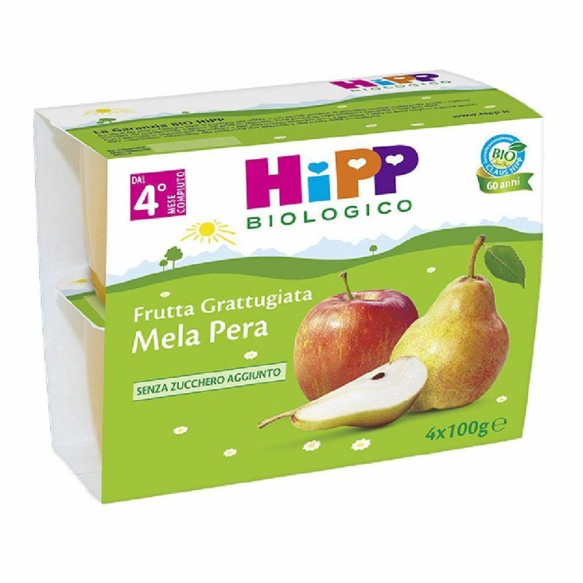Hipp Bio Frutta Pura di Mela e Pera Biologica - Omogeneizzata per Bambini dai 4 Mesi, Confezione da 4x100g