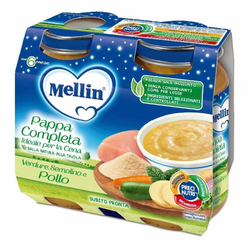 Mellin Pappa Completa 6m+ con Semolino, Verdure e Pollo - 2x200g