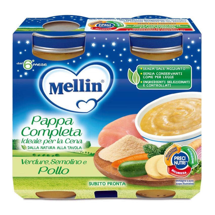Mellin Pappa Completa 6m+ con Semolino, Verdure e Pollo - 2x200g