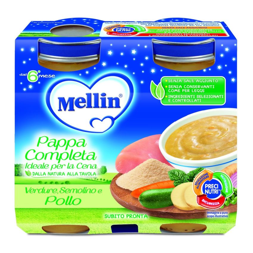 Mellin Pappa Completa 6m+ con Semolino, Verdure e Pollo - 2x200g