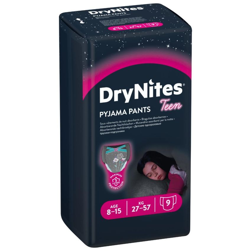 Huggies DryNites - Mutandine Pi√π Notte per Ragazze, 8-15 Anni, 27-57Kg, 9 Pezzi