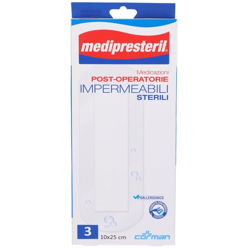 Medipresteril Medicazione Post-Operatoria Sterile e Impermeabile, 10x25 cm, Set da 3 Pezzi