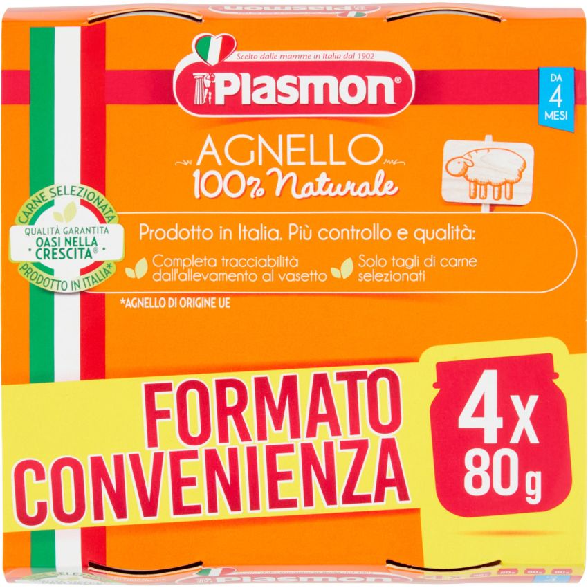 Plasmon Omogeneizzato di Agnello - 4 Pacchetti da 80g per Bambini dai 4 Mesi in Su