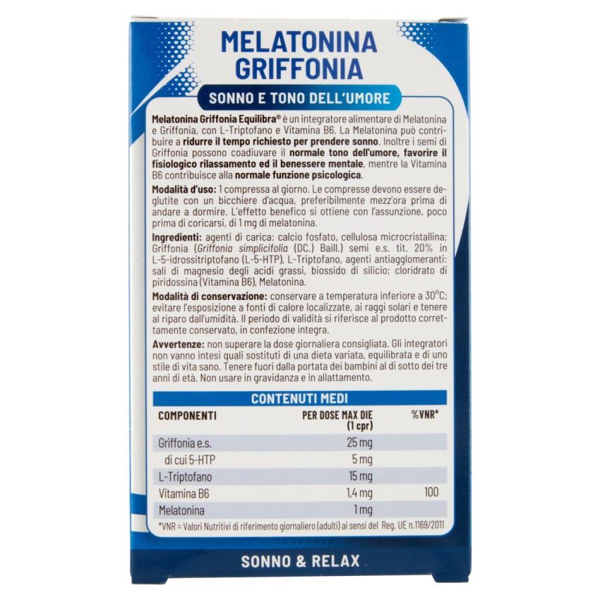 Equilibra - Compresse di Melatonina e Griffonia, 60 Pezzi