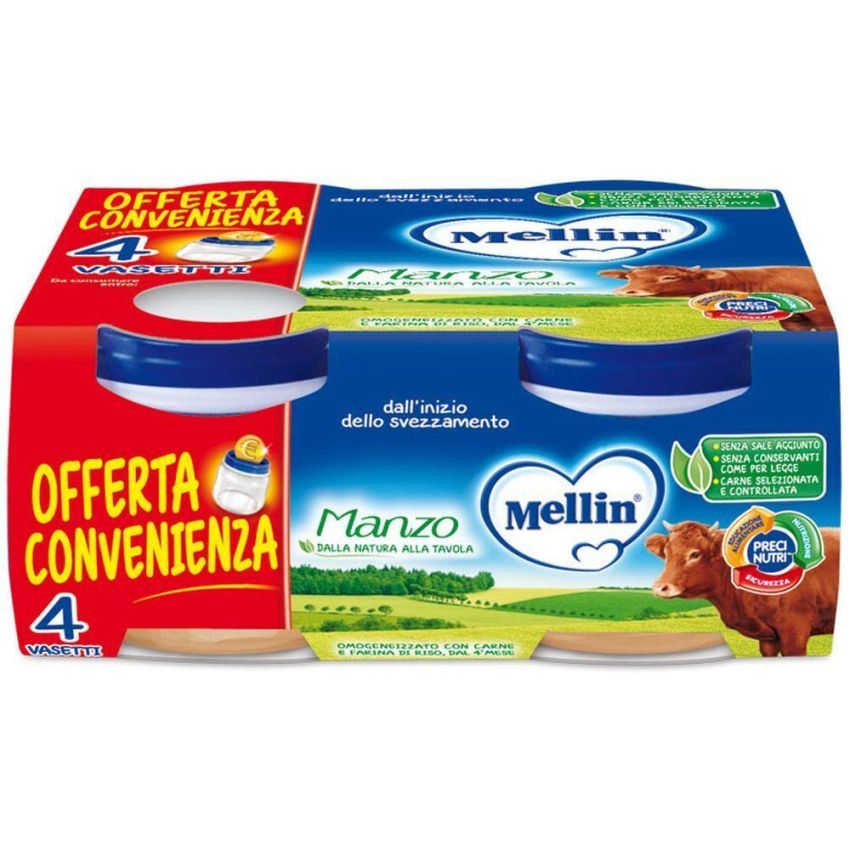 Mellin Manzo Omogeneizzato, Confezione da 4, 80g ciascuno