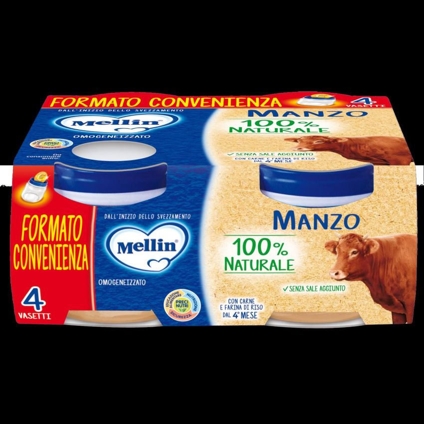 Mellin Manzo Omogeneizzato, Confezione da 4, 80g ciascuno