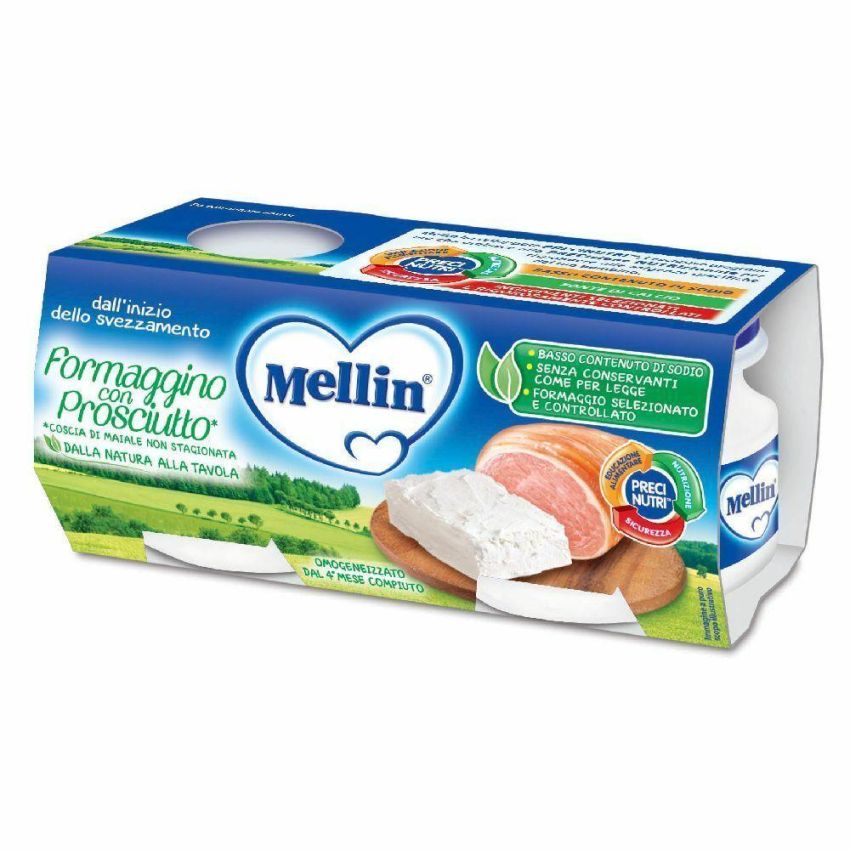 Omogeneizzato Mellin Baby al Formaggio e Prosciutto per Bambini dai 4 Mesi - Confezione da 2 x 80g
