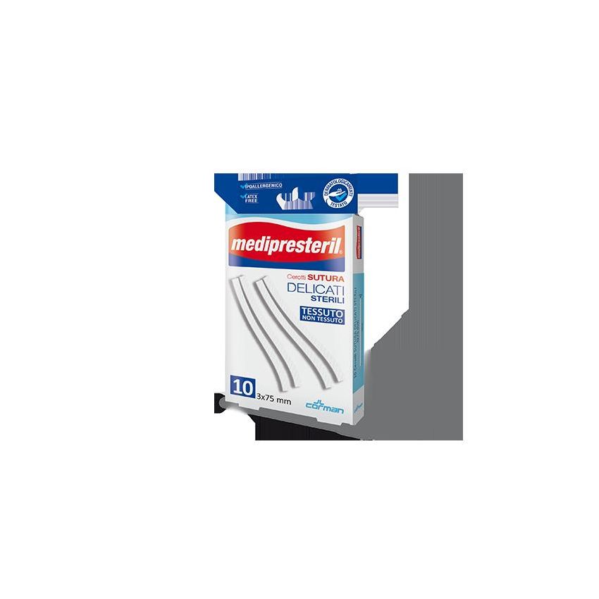 Medipresteril Cerotti Delicati per Sutura, 3x75mm, Pacco da 10 Pezzi