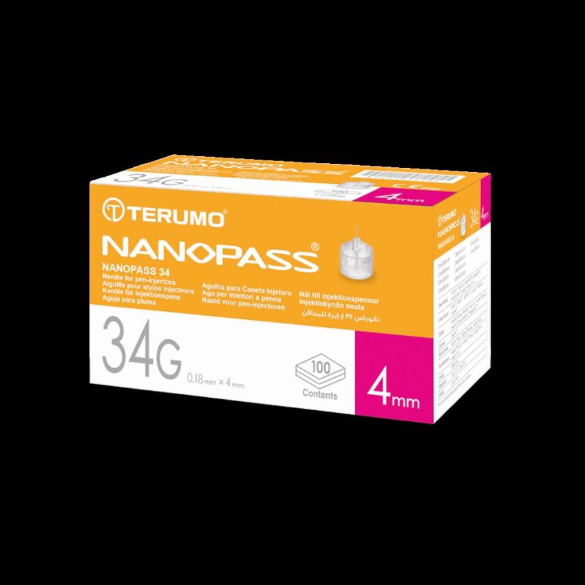 Nanopass - Set di 100 Aghi per Penna da Insulina, Calibro 34, Lunghezza 4mm