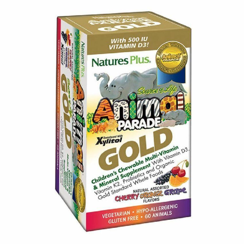 Natures Plus Animal Parade Gold - Tavolette Multivitaminiche Assortite per Bambini, 60 Pezzi