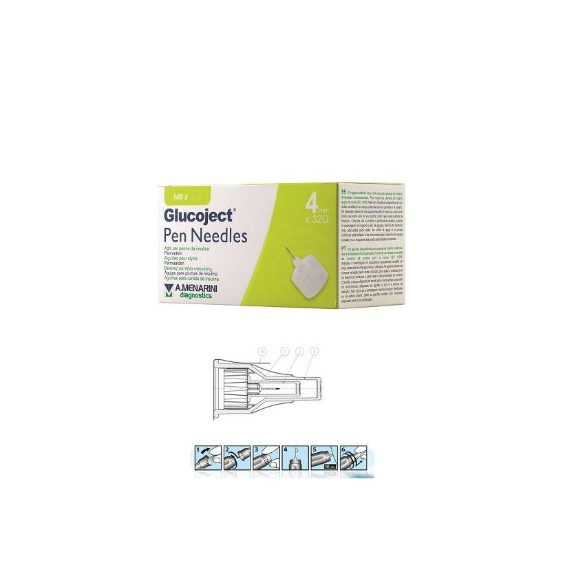 Glucoject Ago da 4mm per Penna d'Insulina, Calibro 32 - Confezione da 100 Pezzi