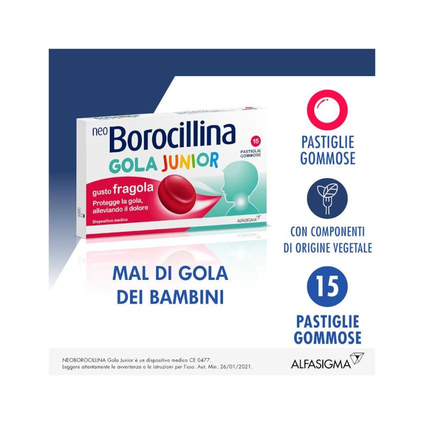 Neoborocillina Junior Pastiglie per la Gola, Sapore Fragola - Confezione da 15