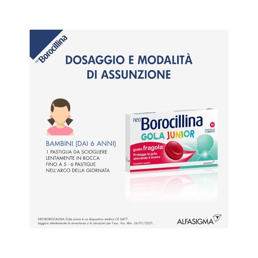 Neoborocillina Junior Pastiglie per la Gola, Sapore Fragola - Confezione da 15