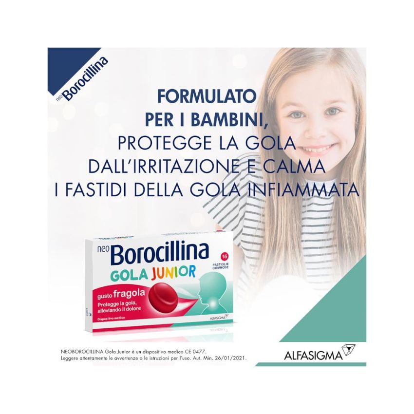 Neoborocillina Junior Pastiglie per la Gola, Sapore Fragola - Confezione da 15