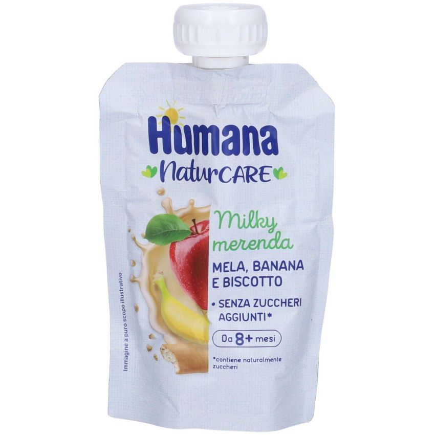 Humana Milkymerenda Snack per Bambini di Mela, Banana e Biscotto, 100g, per Bambini di 8 Mesi+