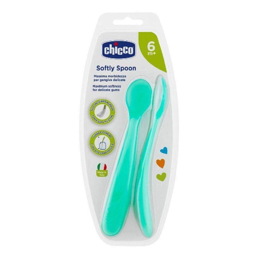 Chicco Set di 2 Cucchiai in Silicone per Bambini da 6 Mesi - Design Maschietti