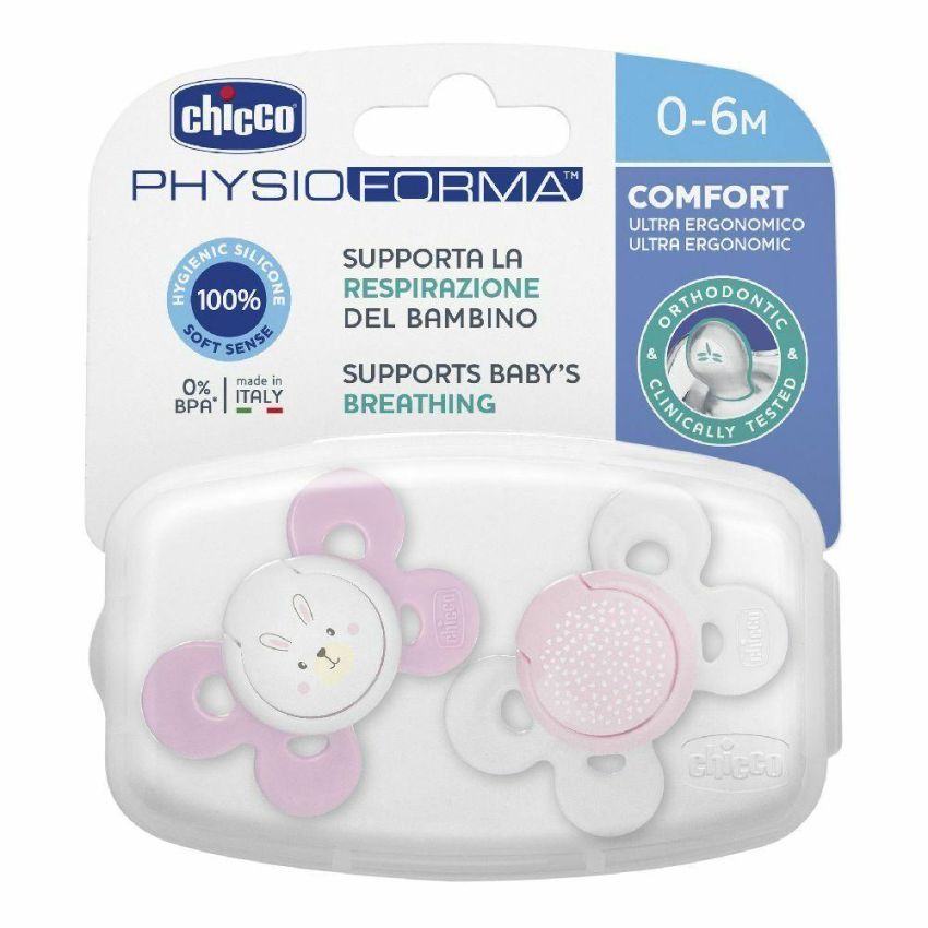 Chicco Silicone Physio Comfort Succhietto per Bambina, 0-6 Mesi, Pacco da 2 Pezzi
