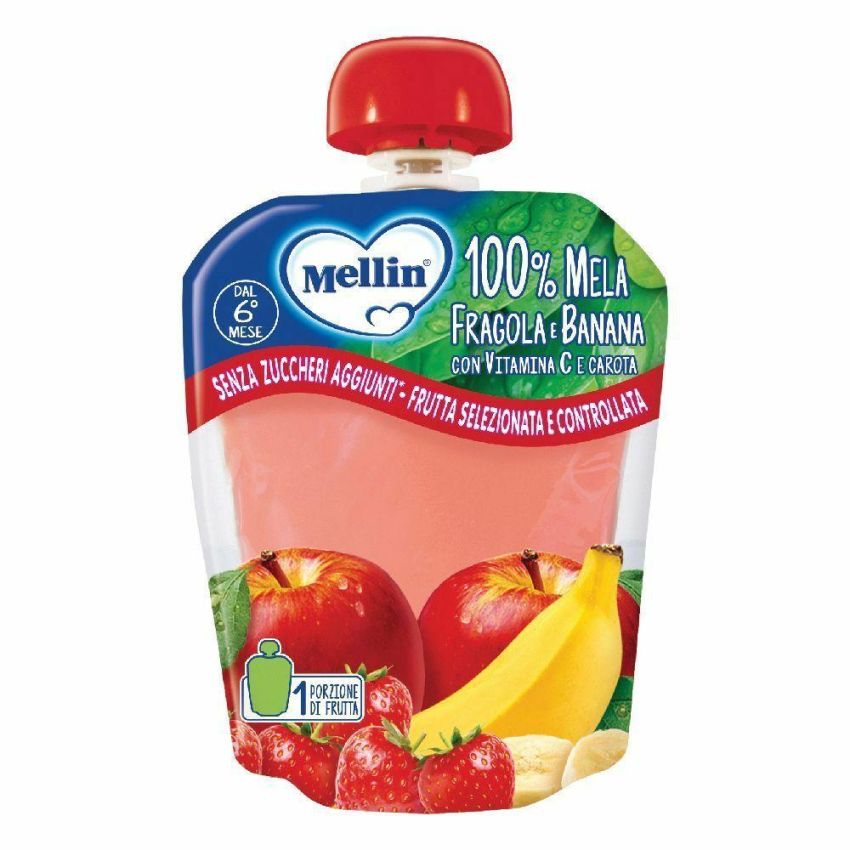 Mellin Purea di Frutta e Verdura per Bambini, Gusto Mela Fragola Banana Carota, 90g