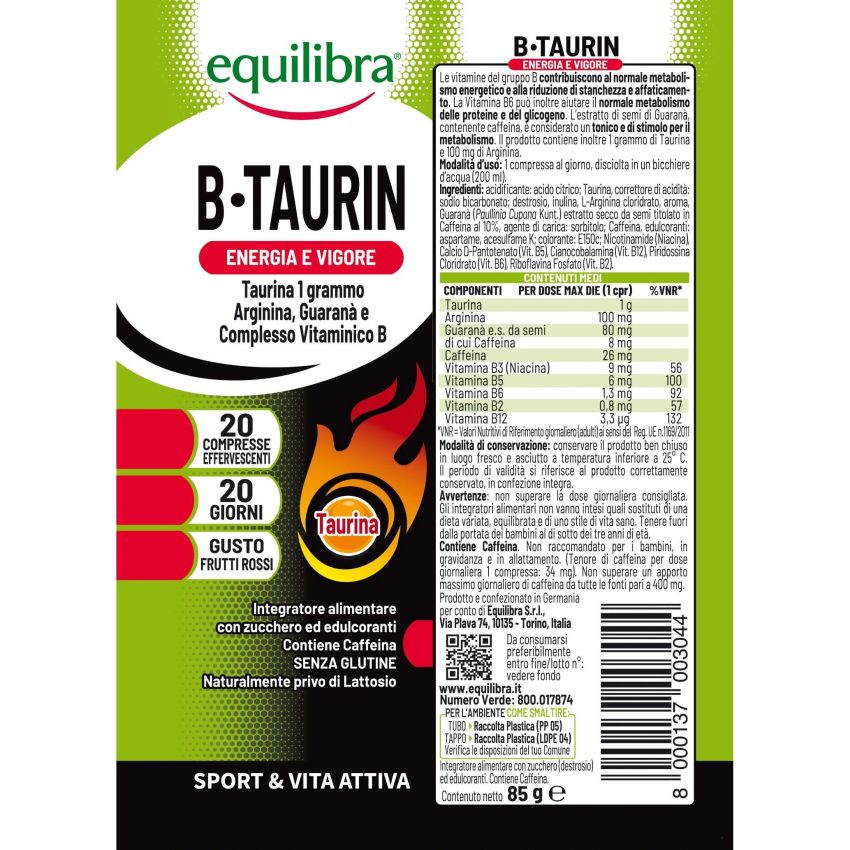 Equilibra B Taurin - Compresse Effervescenti Energizzanti, 20 pz