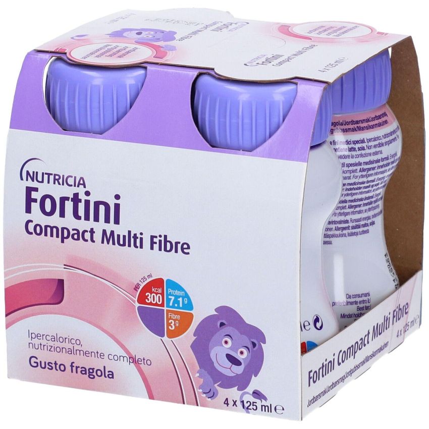 Nutricia Fortini Compact Multi Fibra con Sapore di Fragola, 4x125g