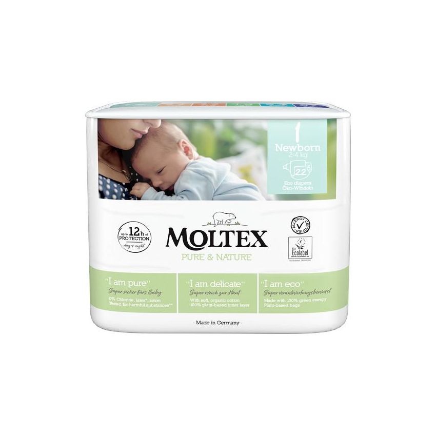 Moltex Pure&Nature - Pannolini per Neonati, Taglia 1, 2-4kg, Pacco da 22 Pezzi