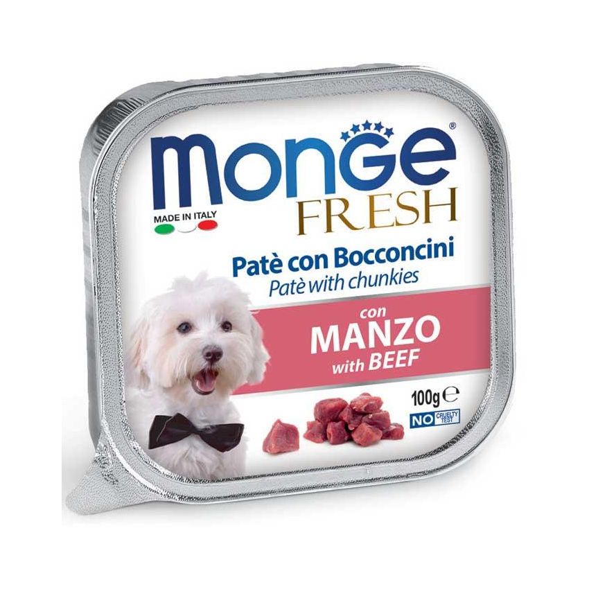 Pate Fresco Monge con Bocconcini di Manzo - Cibo Umido per Cani Adulti - 100g