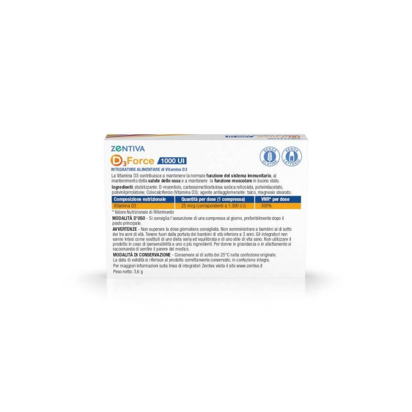 Zentiva D3 Force 1000UI - Integratore di Vitamina D3 - 60 Compresse
