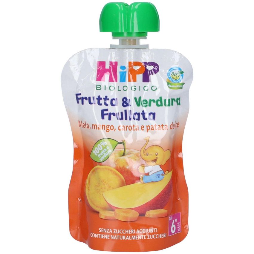 Hipp Bio Purea di Frutta e Verdura Biologica, Mela, Mango, Carota, Patata Dolce, 90g