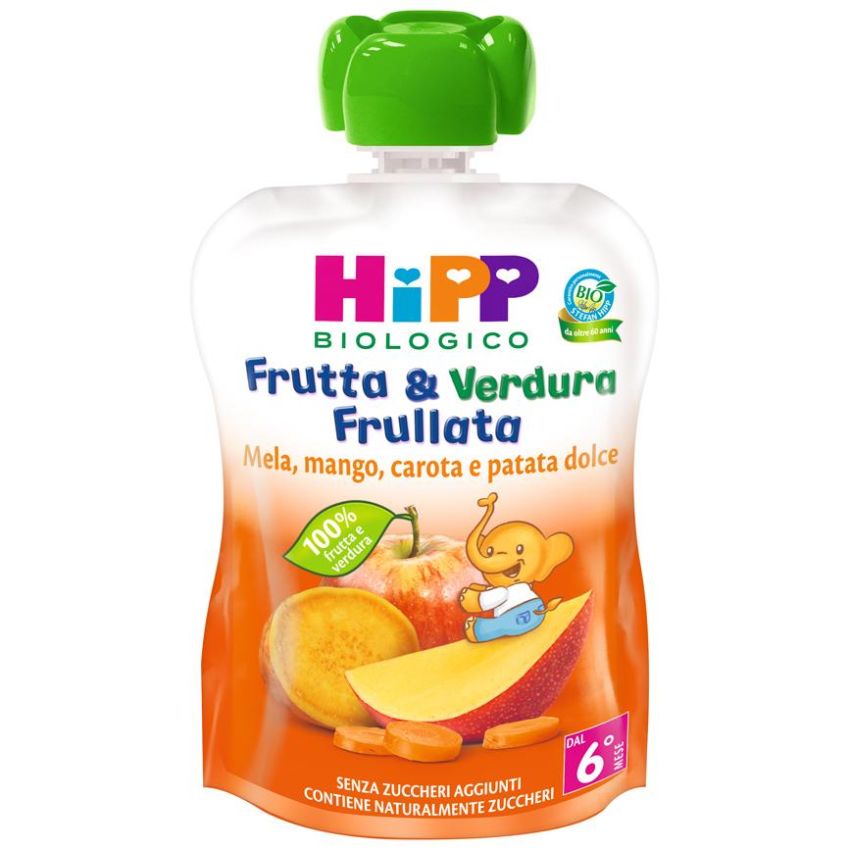 Hipp Bio Purea di Frutta e Verdura Biologica, Mela, Mango, Carota, Patata Dolce, 90g