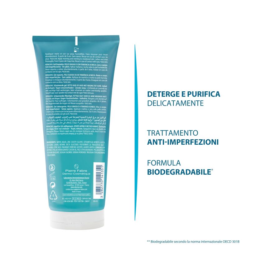 Ducray Keracnyl Gel Detergente per Pelle Grassa, 200ml