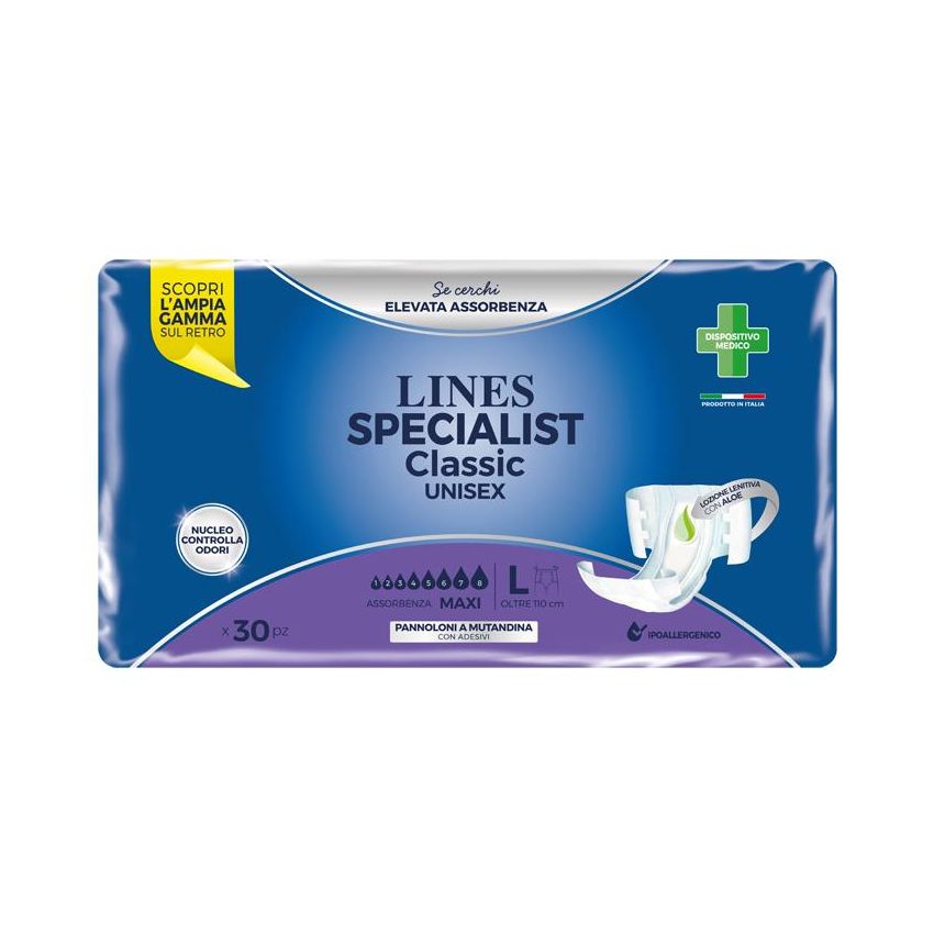 Lines Specialist Classic - Mutandine Unisex Pannoloni, Taglia L, Pacco da 30 Pezzi
